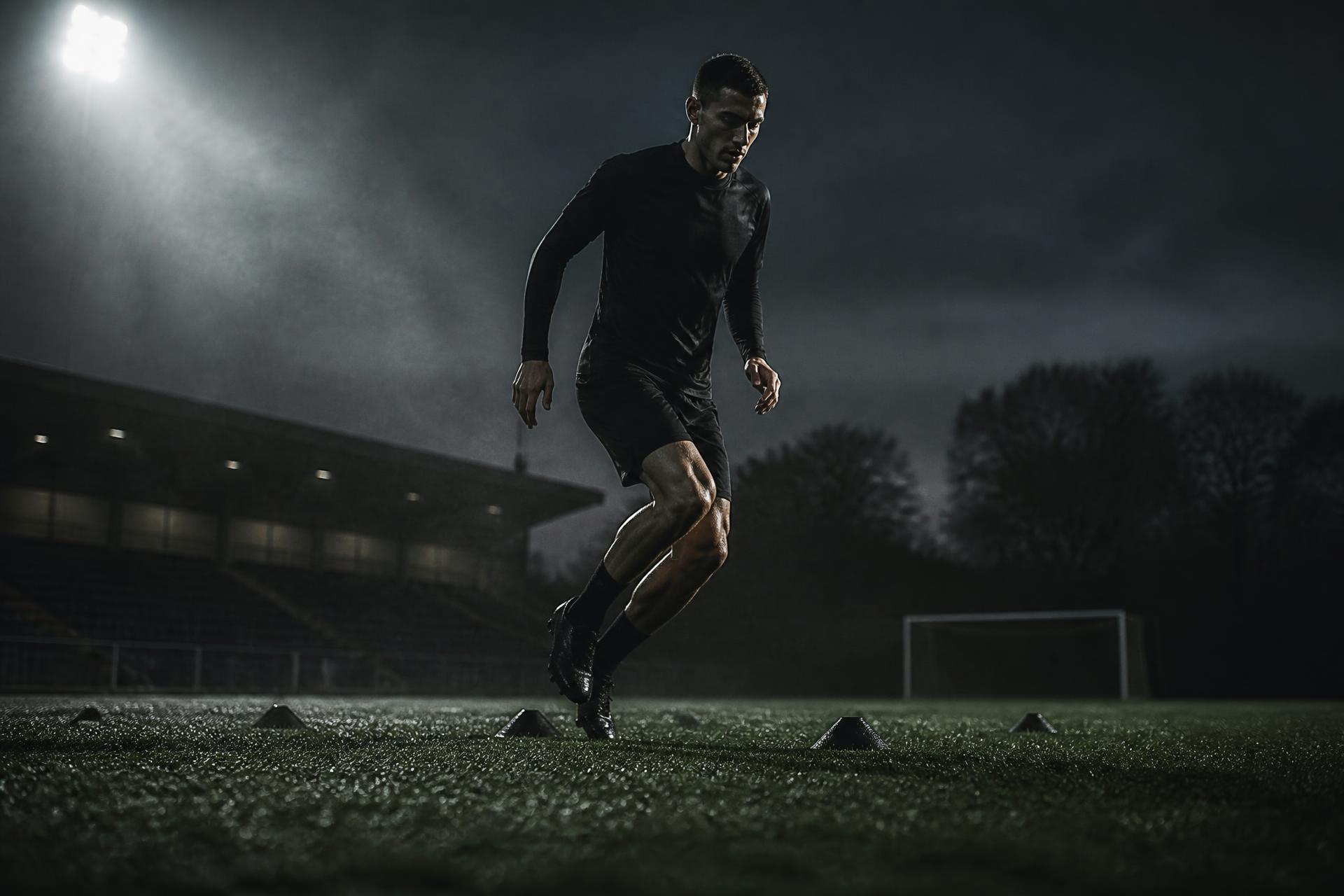 Footballer training under stadium floodlights